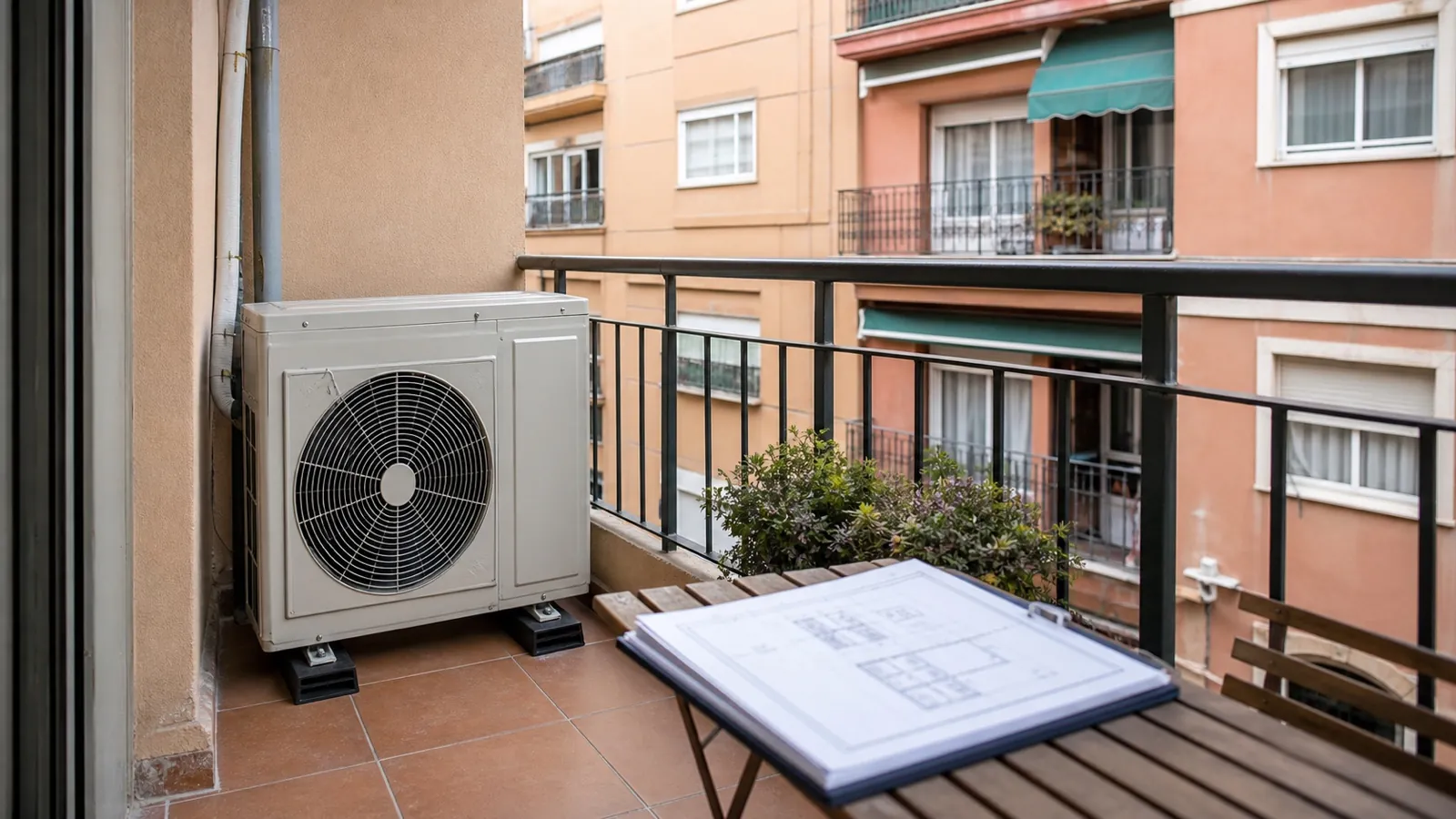 Unidad exterior de aerotermia sobre apoyos antivibratorios en el balcón de un edificio residencial