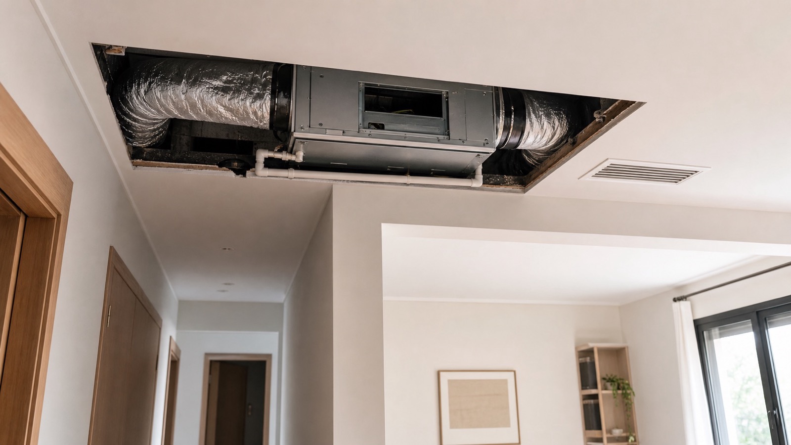 Fancoil registrable con conductos aislados y desagüe sobre el falso techo de una vivienda