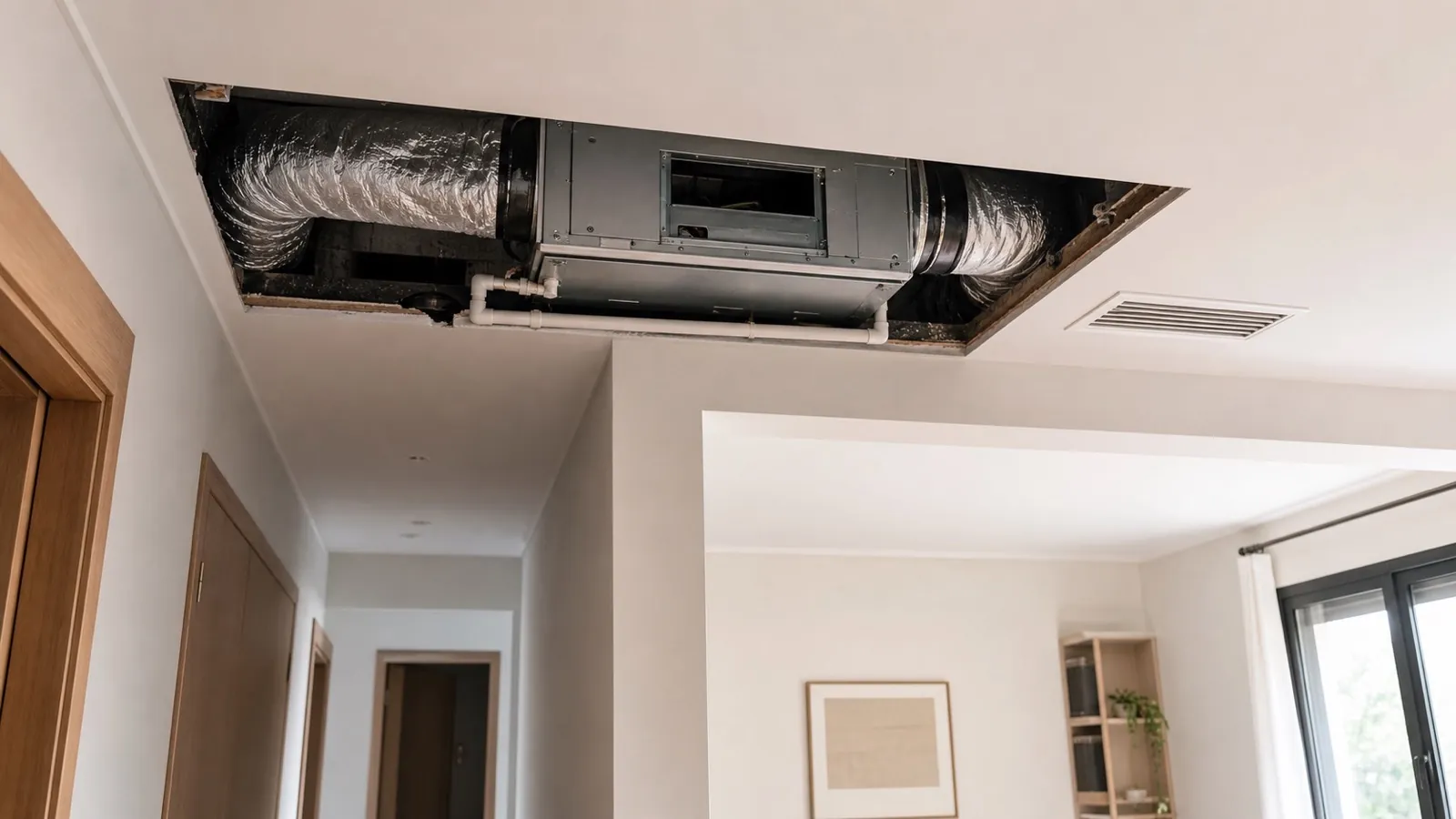 Ilustración: fancoil registrable con conductos aislados y desagüe sobre el falso techo de una vivienda