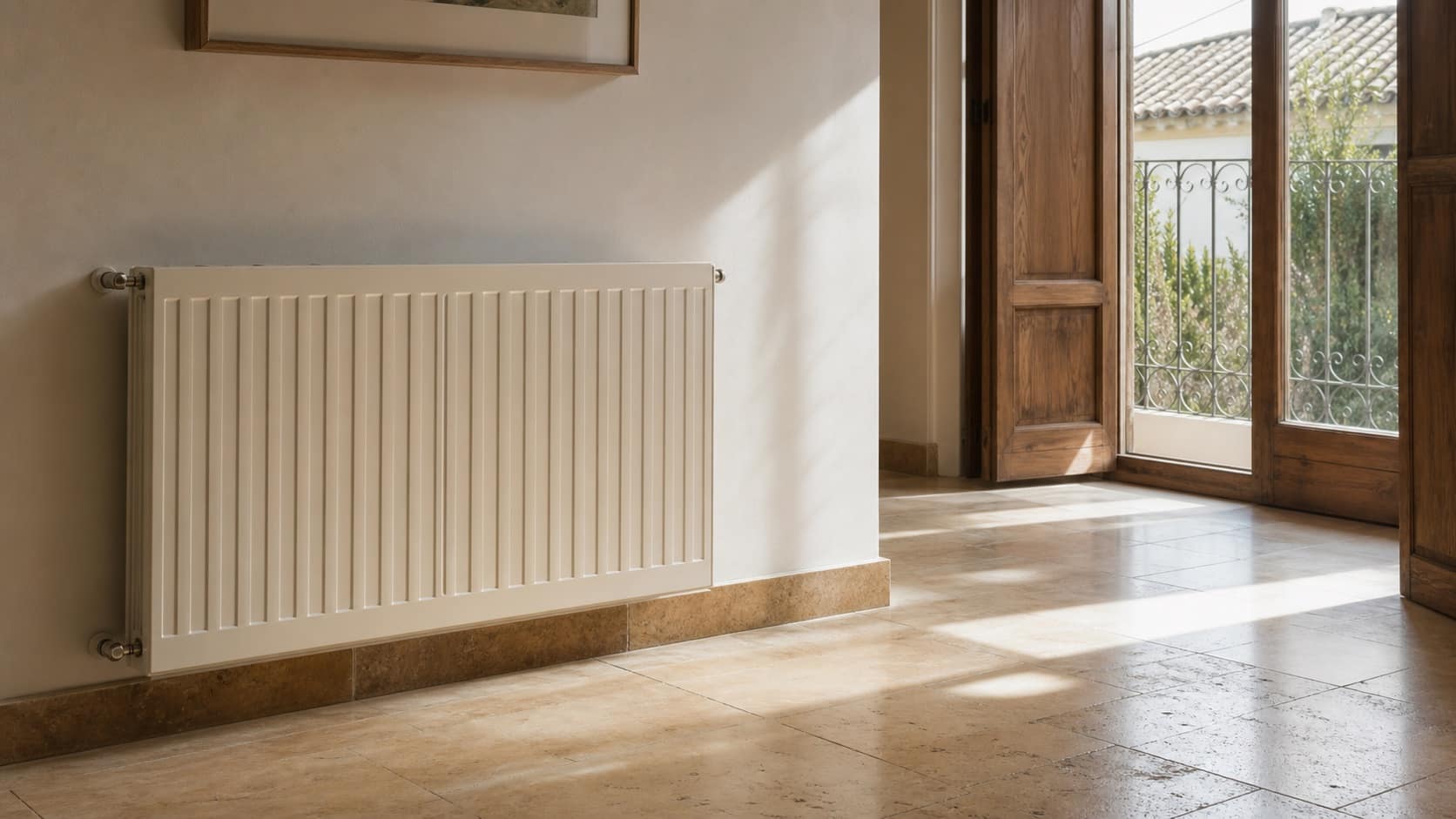 Radiador de agua junto a un suelo radiante en una vivienda luminosa