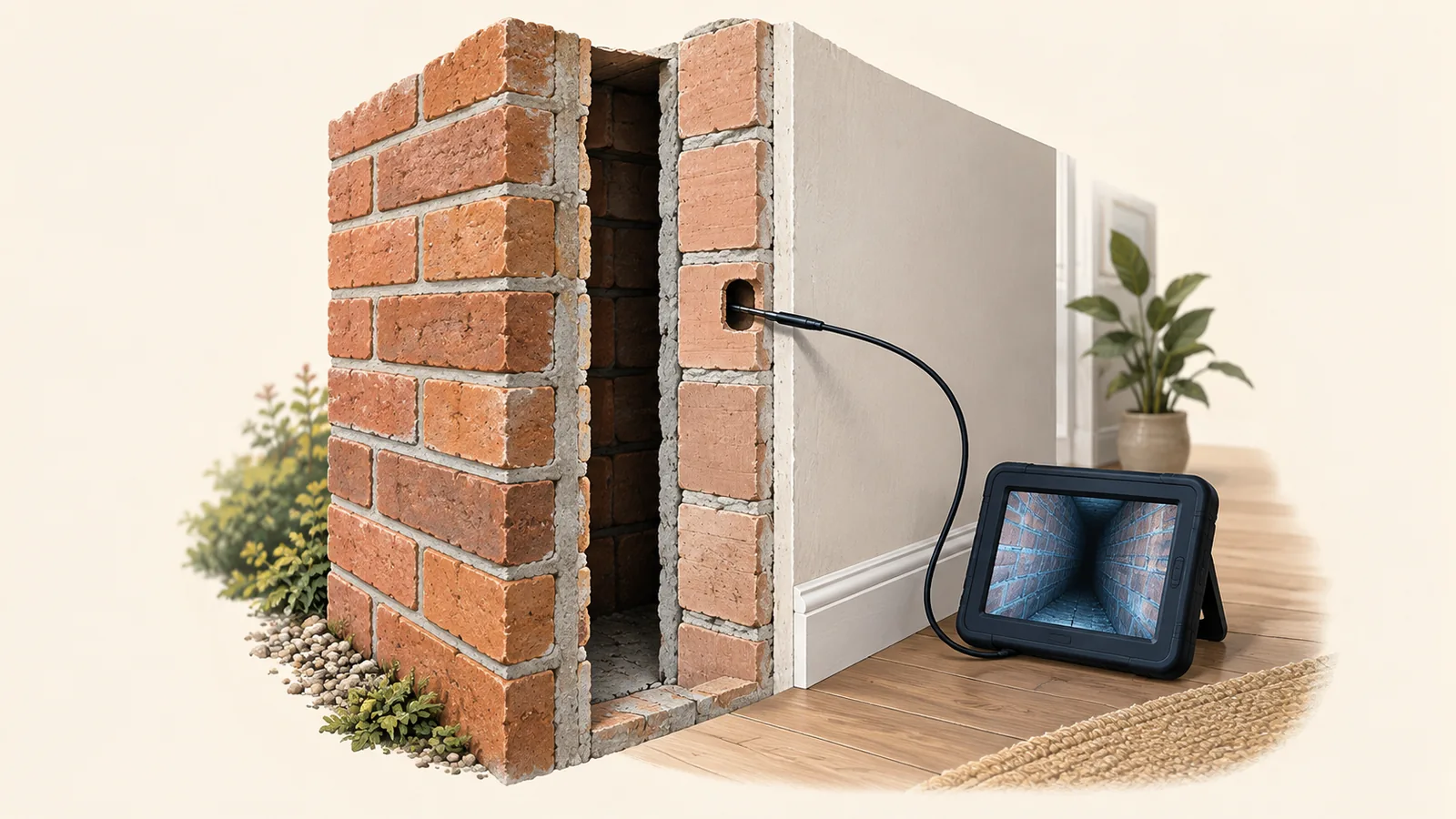 Ilustración conceptual de una sonda de inspección entrando en la cámara de una fachada de doble hoja