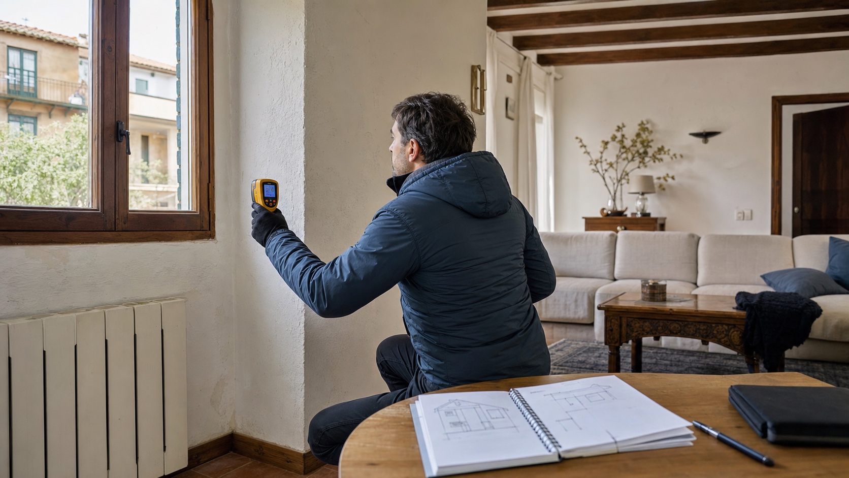 Inspección de la pared y el encuentro de una ventana con una cámara térmica dentro de una vivienda