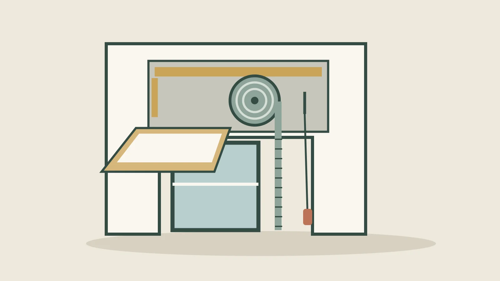 Sección conceptual del cajón de una persiana con tapa registrable y volumen de enrollado