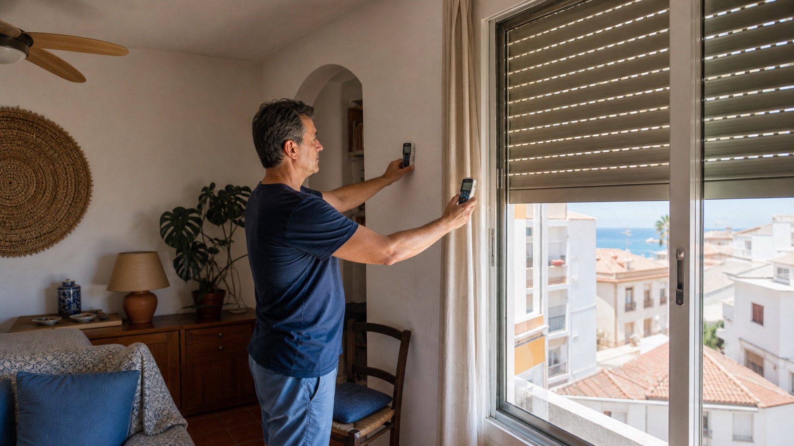 Persona comparando dos termómetros junto a una ventana protegida por una persiana exterior