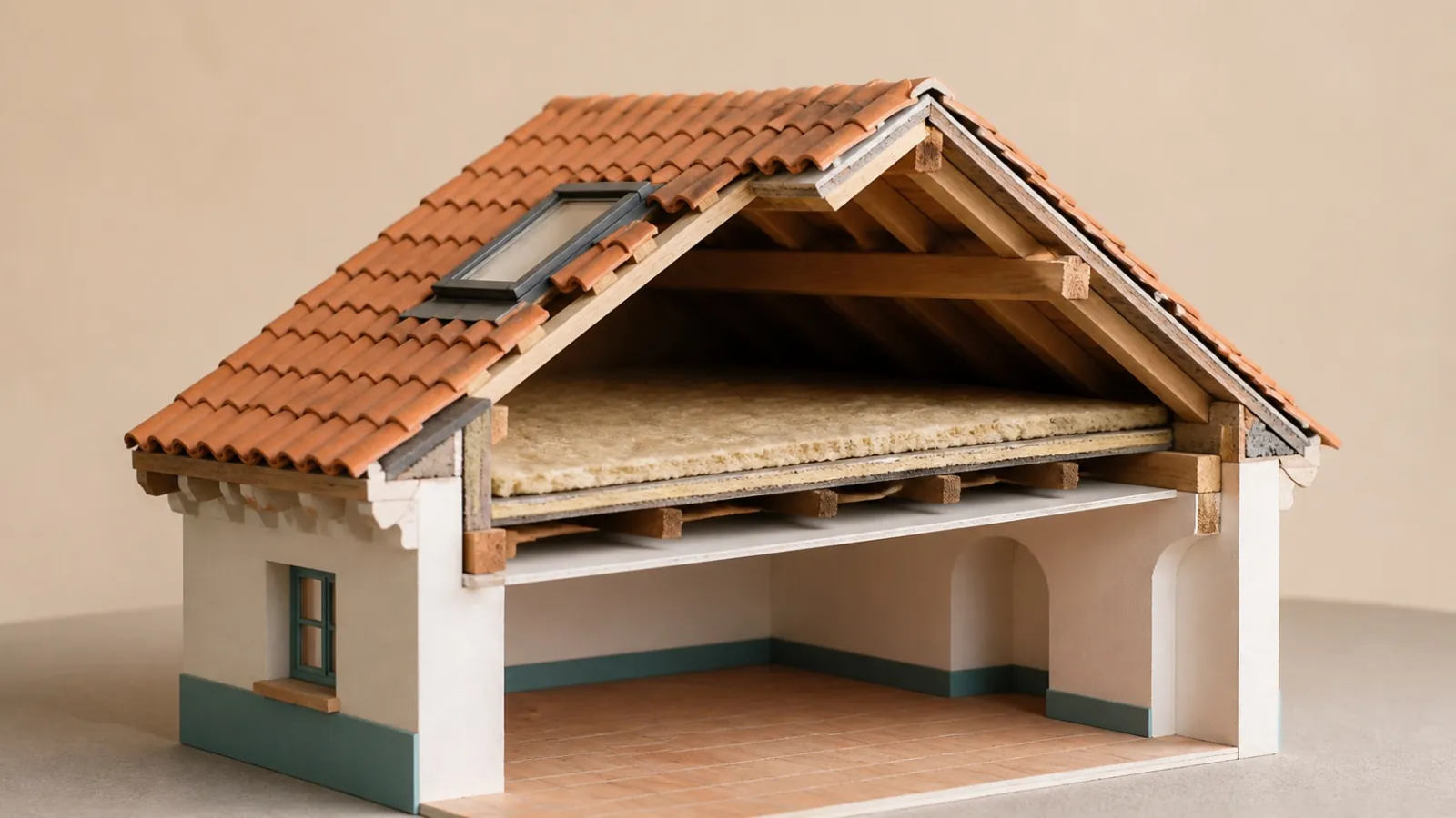 Maqueta conceptual de una casa seccionada con tejado inclinado, desván y techo de la vivienda