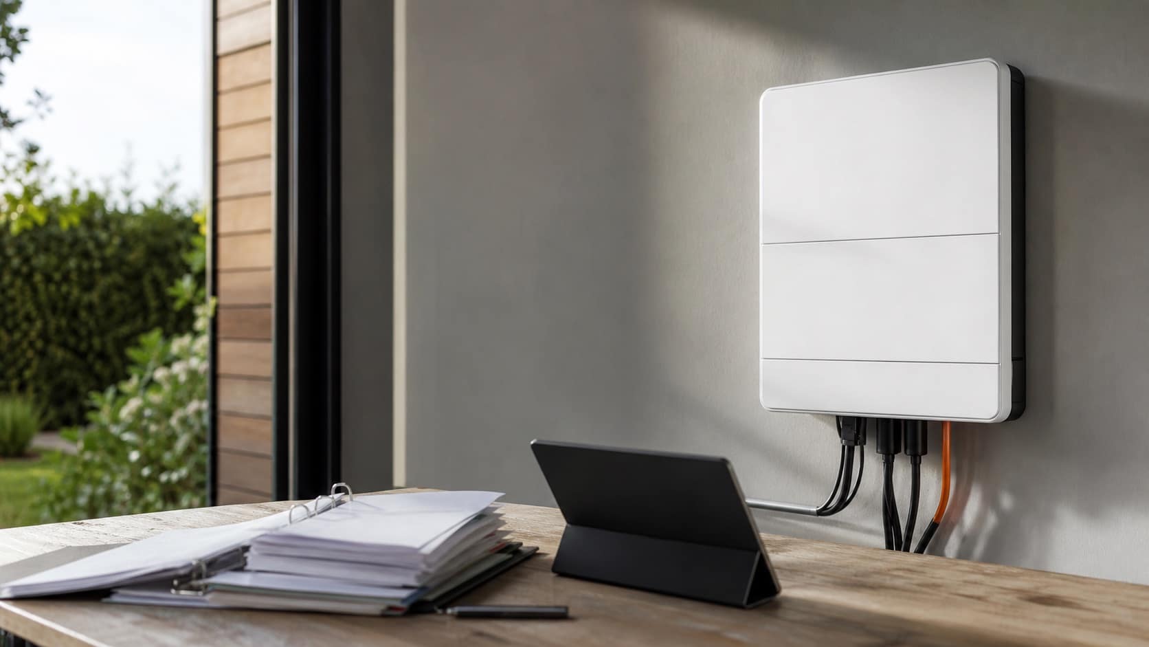 Batería doméstica y una factura eléctrica sobre una mesa, como comparación entre equipo y contrato