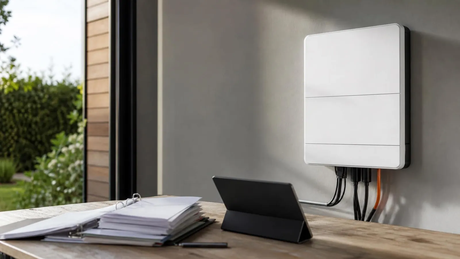 Ilustración: batería doméstica y una factura eléctrica sobre una mesa, como comparación entre equipo y contrato