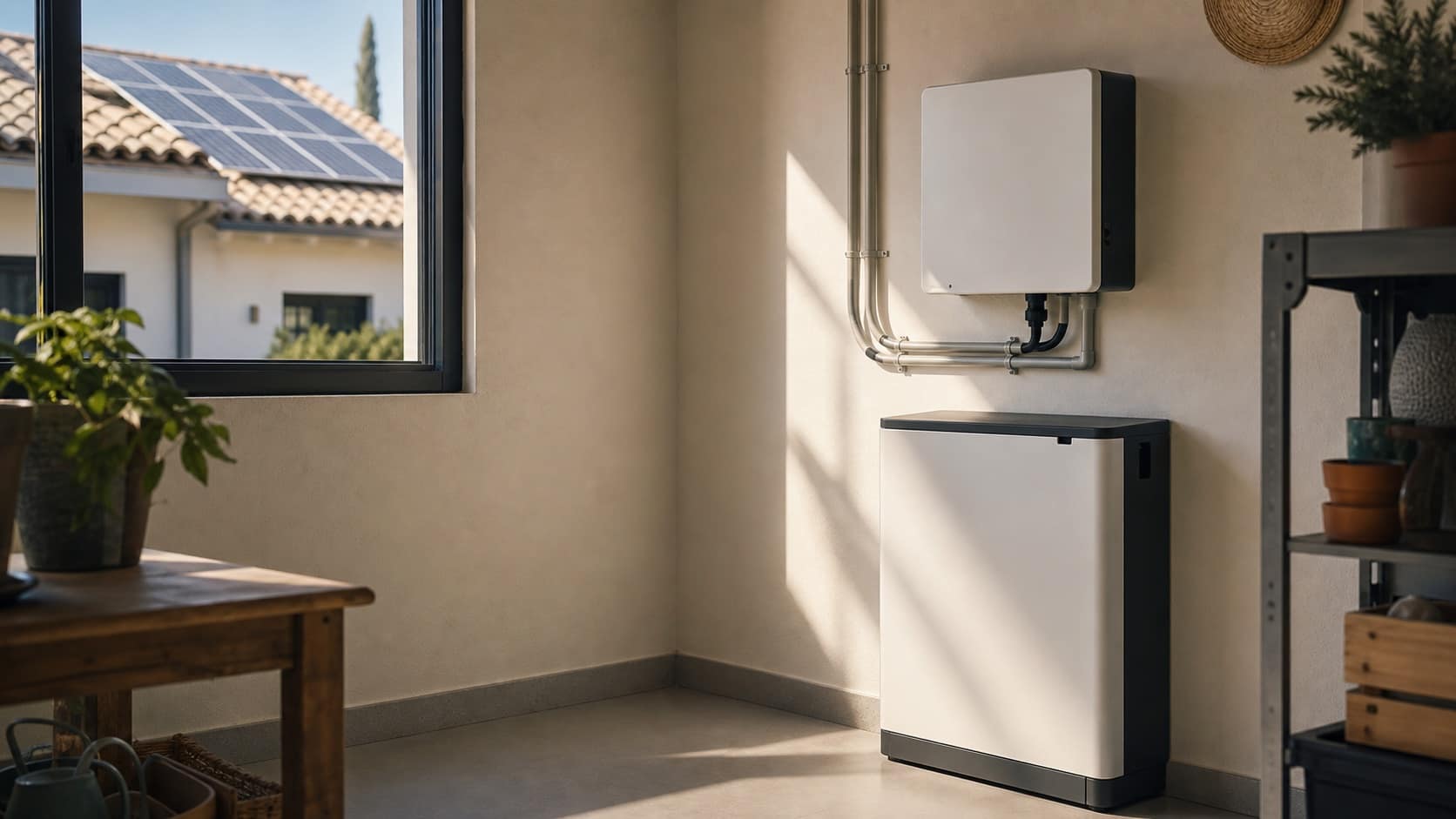 Batería doméstica conectada a un inversor junto a una ventana con luz solar