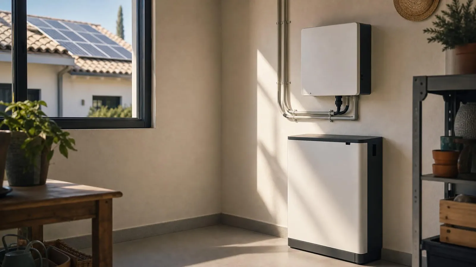Ilustración: batería doméstica conectada a un inversor junto a una ventana con luz solar