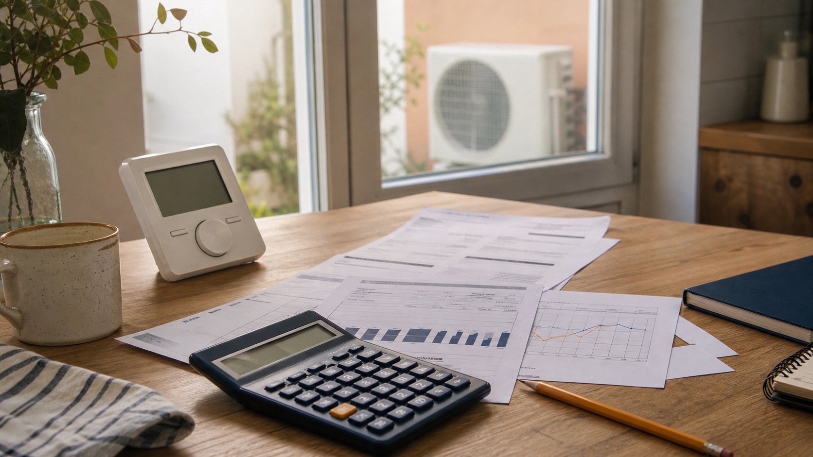 Mesa con un controlador de bomba de calor, una factura, una calculadora y documentos usados para estimar consumo