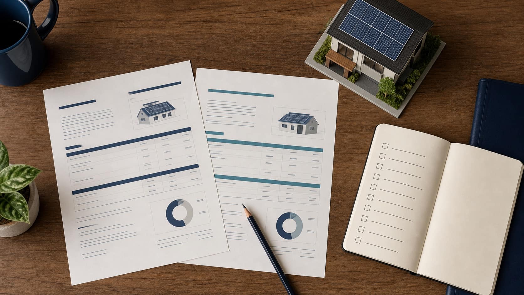 Dos presupuestos de instalación solar revisados sobre una mesa de trabajo