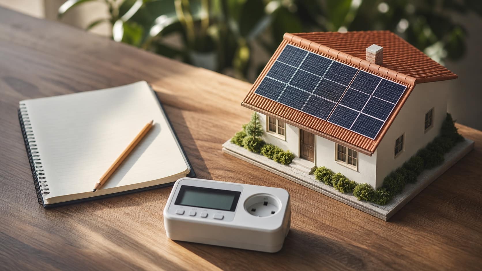 Maqueta de tejado con paneles solares y una libreta de cálculo de consumo