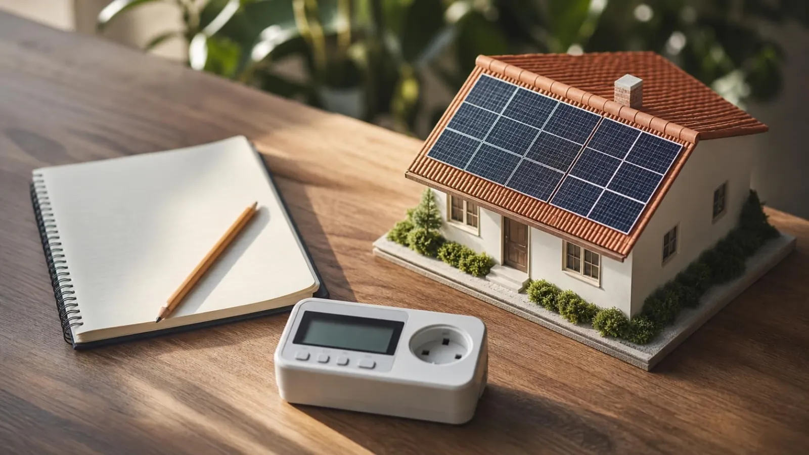 Ilustración: maqueta de tejado con paneles solares y una libreta de cálculo de consumo