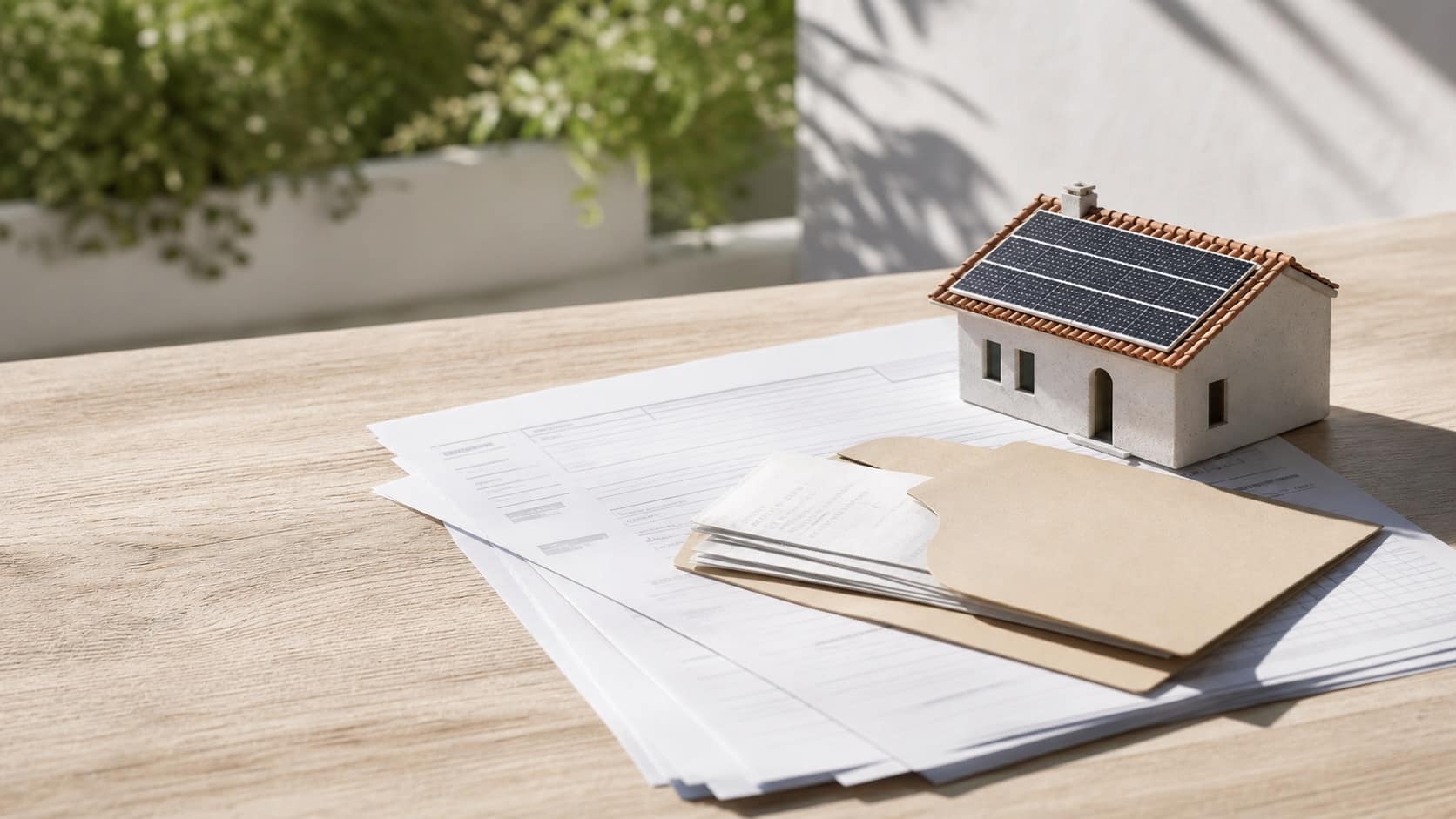 Documentación fiscal junto a una maqueta de vivienda con placas solares