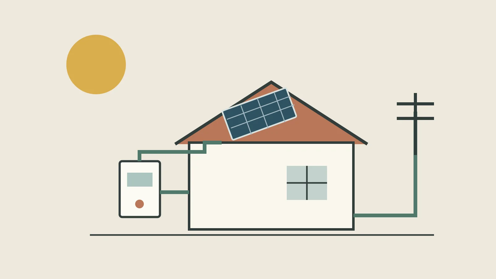 Ilustración conceptual de paneles conectados a un inversor y a una vivienda, con ramal hacia la red
