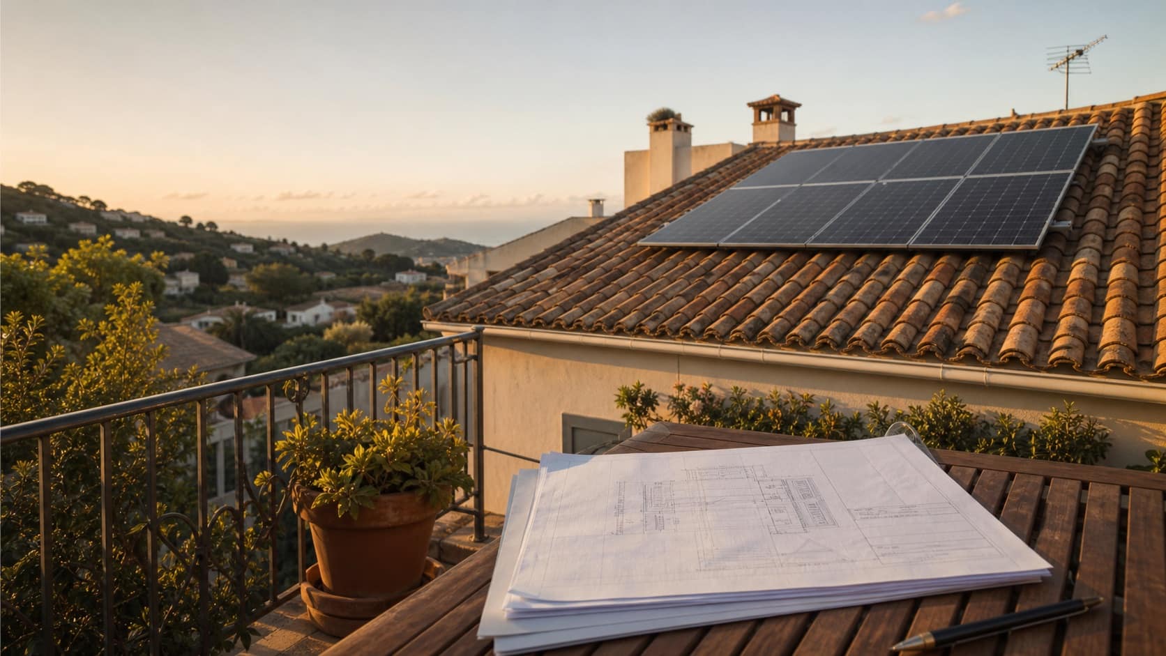 Paneles solares en un tejado residencial y un presupuesto técnico en primer plano