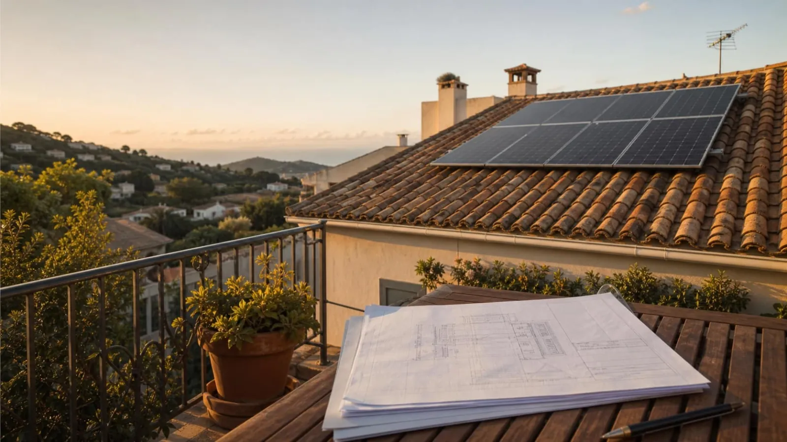 Ilustración: paneles solares en un tejado residencial y un presupuesto técnico en primer plano