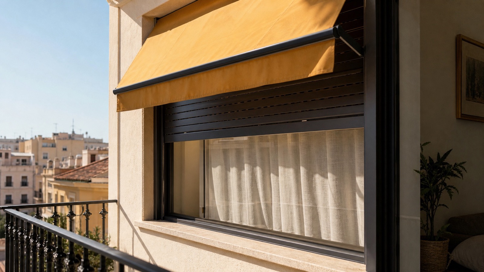 Ventana sombreada con toldo exterior, persiana parcialmente bajada y cortina interior