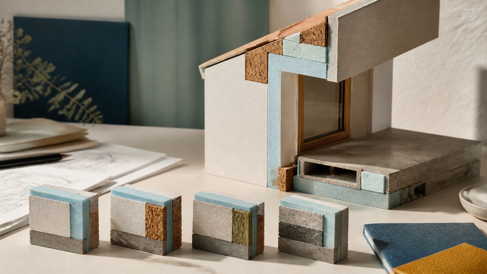 Maqueta conceptual de una fachada con ventana, forjado y capas de aislamiento continuo