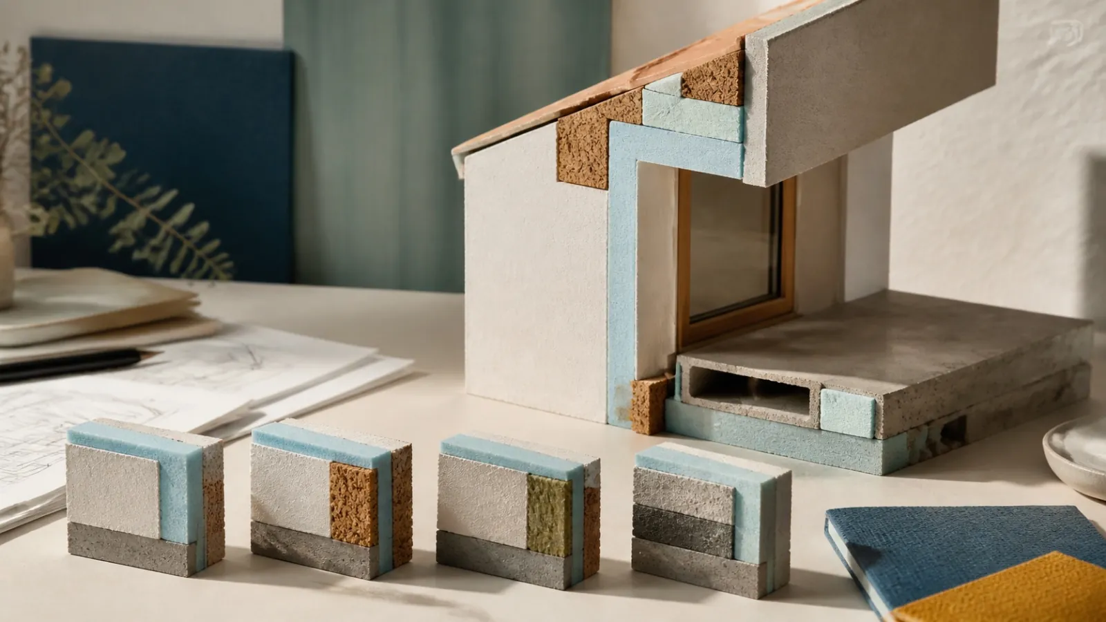 Maqueta conceptual de una fachada con ventana, forjado y capas de aislamiento continuo