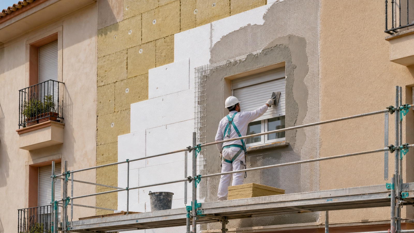 Rehabilitación de una fachada con paneles aislantes, malla de refuerzo y revestimiento exterior