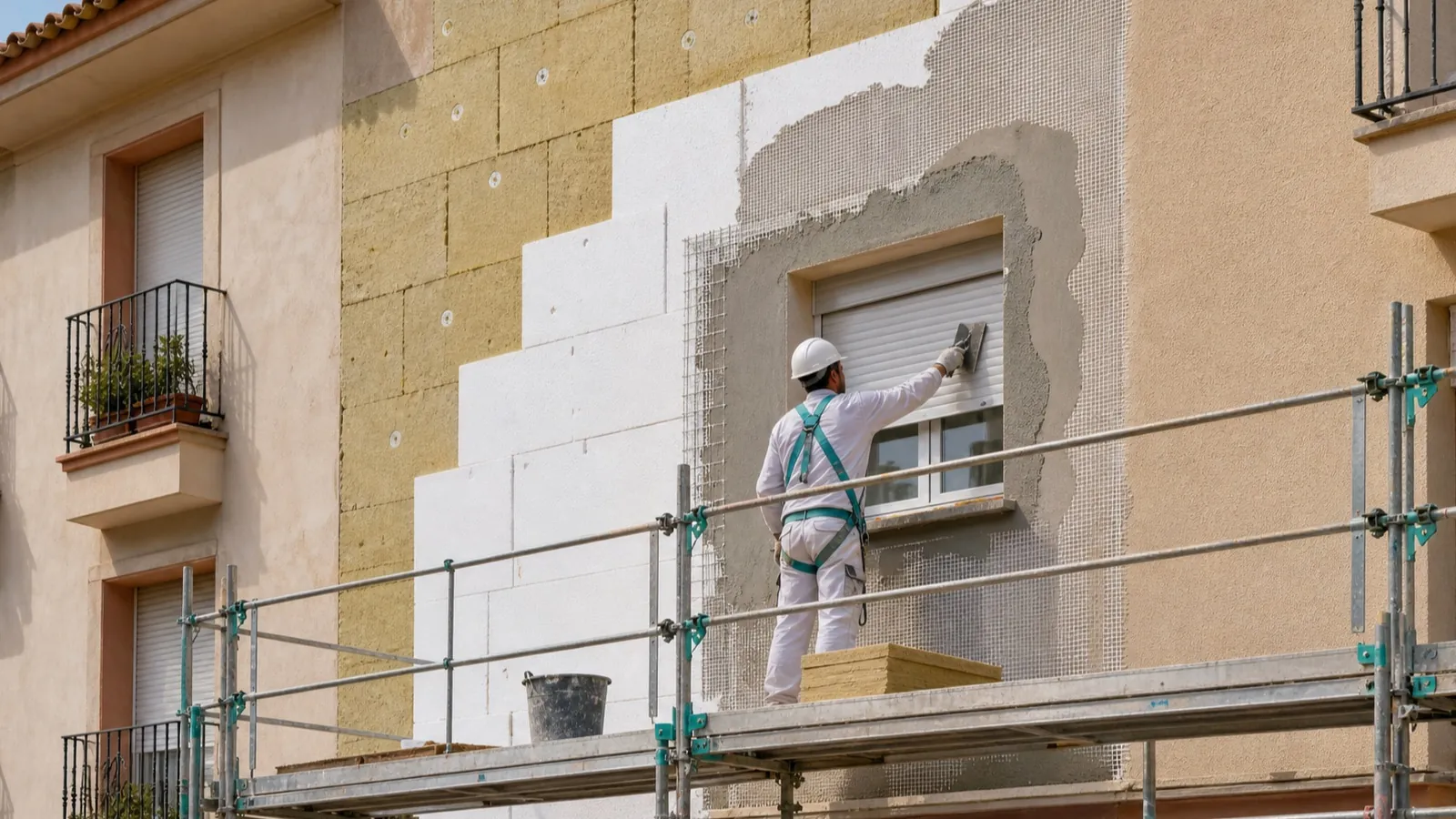 Rehabilitación de una fachada con paneles aislantes, malla de refuerzo y revestimiento exterior