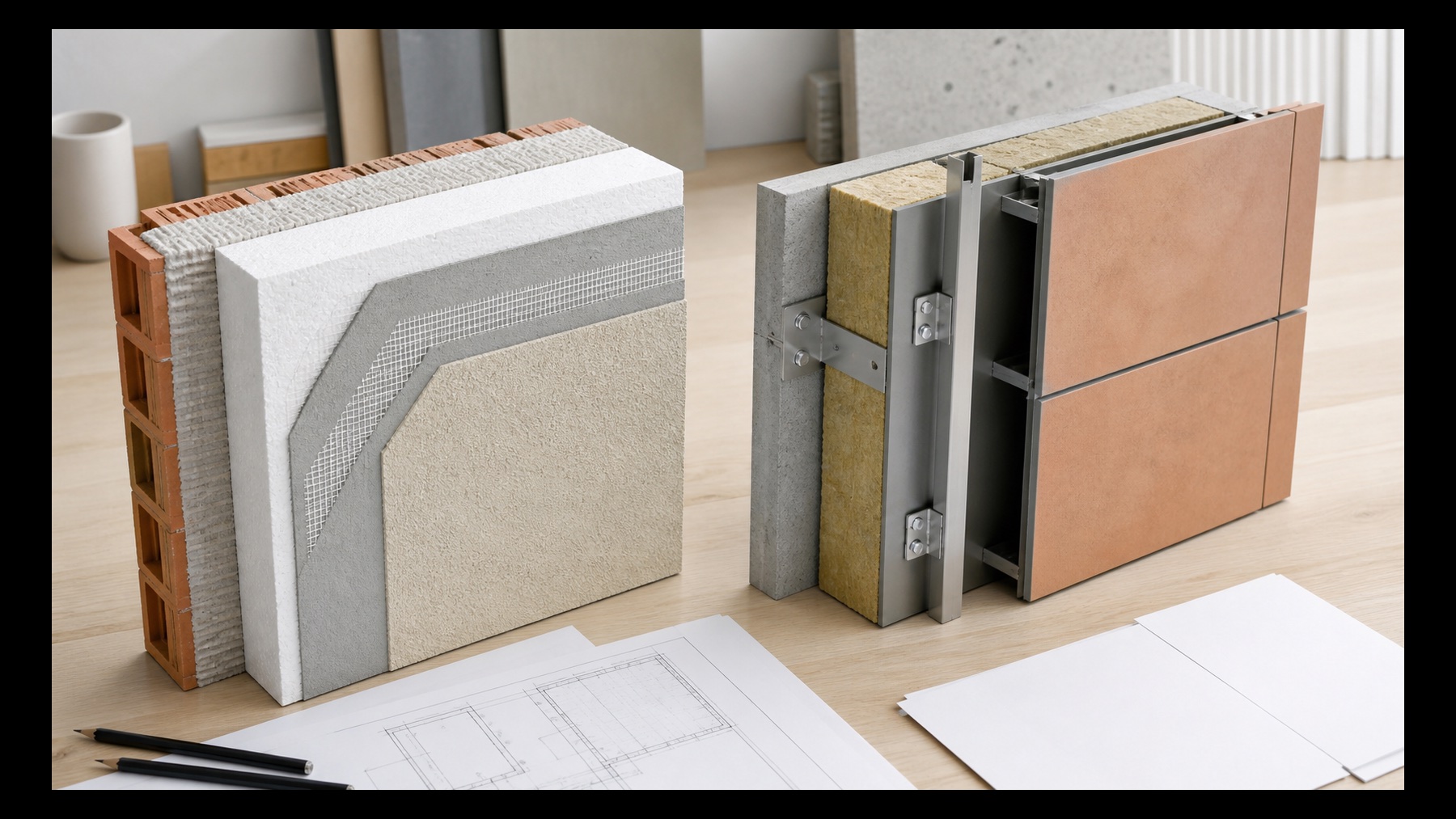 Dos muestras conceptuales: un SATE con acabado continuo y una fachada ventilada con cámara y panel exterior