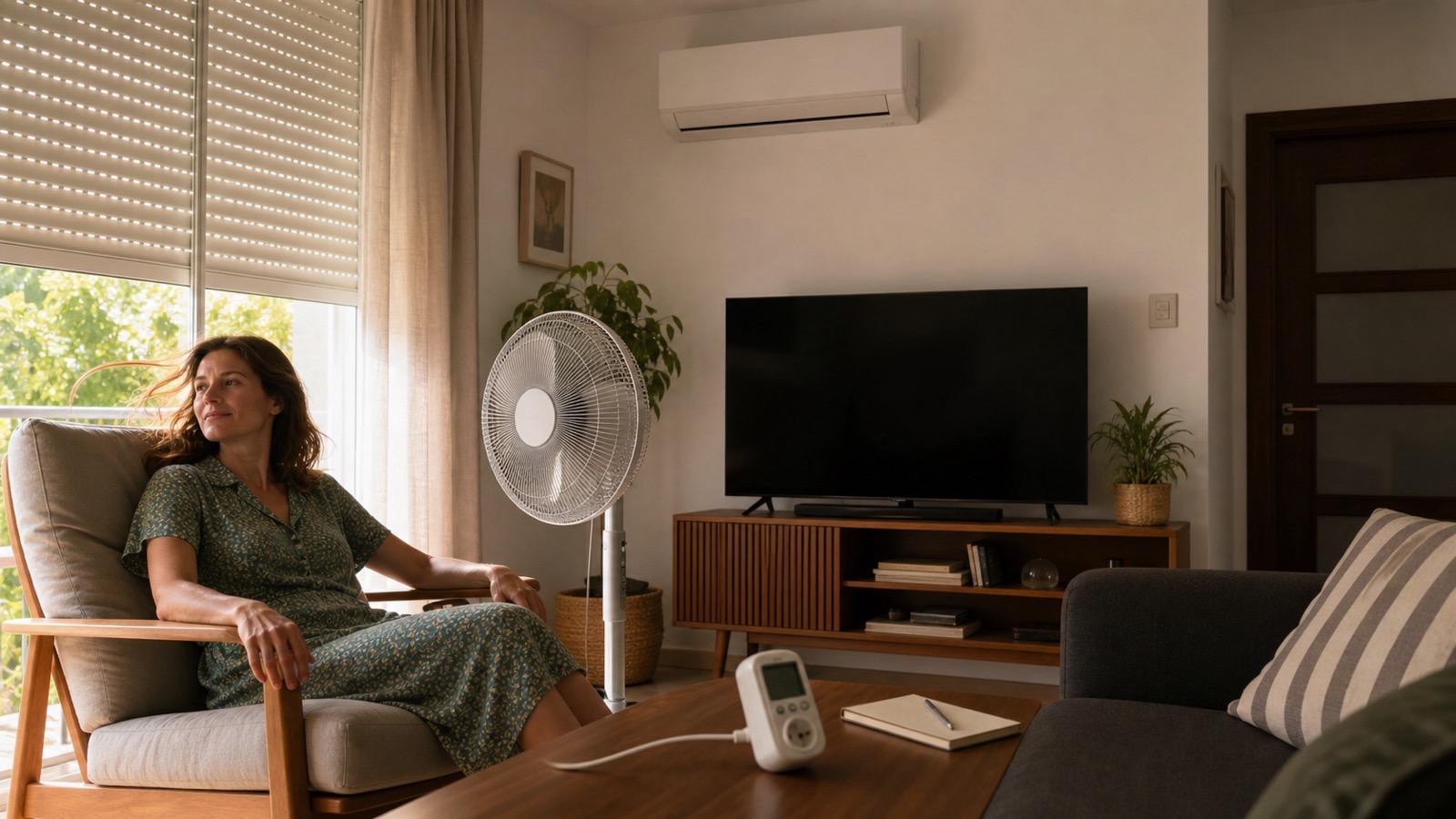 Persona sentada junto a un ventilador con un aire acondicionado y un medidor de consumo en la estancia