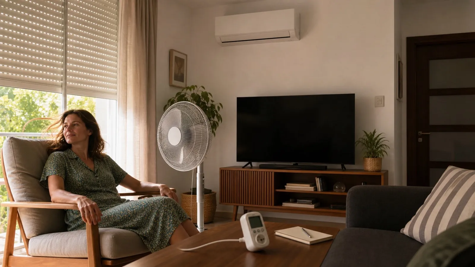 Ilustración: persona sentada junto a un ventilador con un aire acondicionado y un medidor de consumo en la estancia