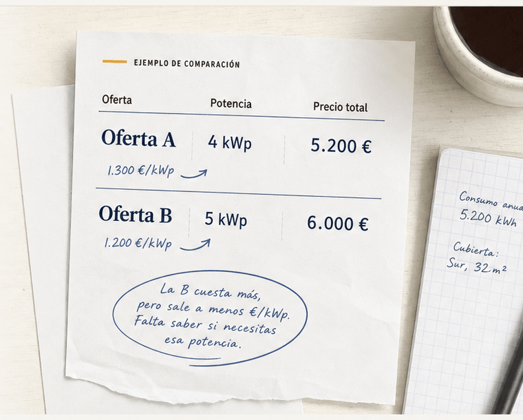 Ejemplo de comparación entre dos ofertas solares de 4 y 5 kWp, con el precio por kWp calculado